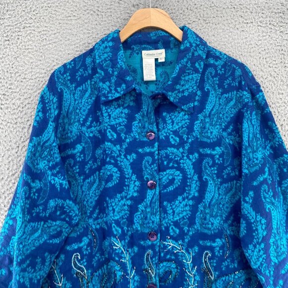 Coldwater Creek Jacket Womens Large Blue Green Paisley Beaded Embroidered Button - Picture 2 of 9